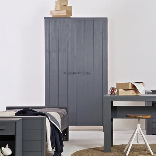 Armoire 2 portes en pin massif gris anthracite - Dennis