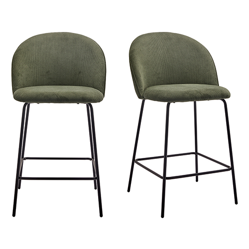 Lot de 2 tabourets de bar en velours côtelé vert, piètement noir - Alta