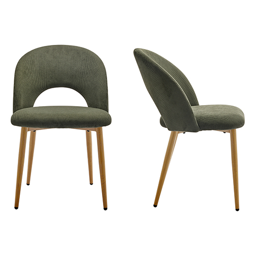 Lot de 2 chaises en velours côtelé vert, piètement effet bois - Moss