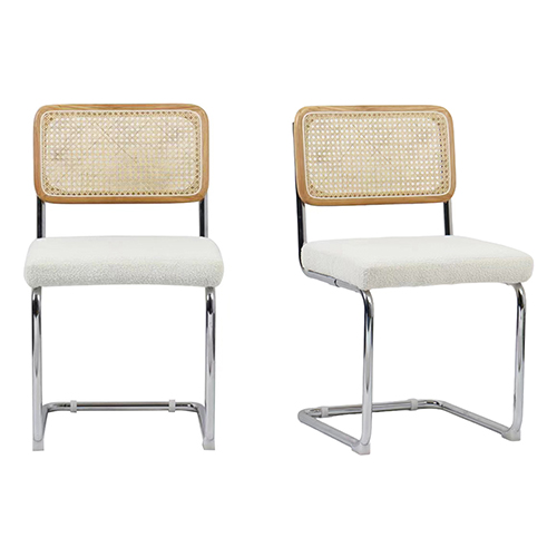 Lot de 2 chaises en cannage, tissu bouclé écru et métal chromé - Muse