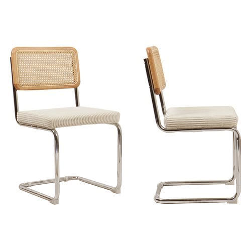 Lot de 2 chaises en rotin, velours côtelé beige et métal chromé - Muse