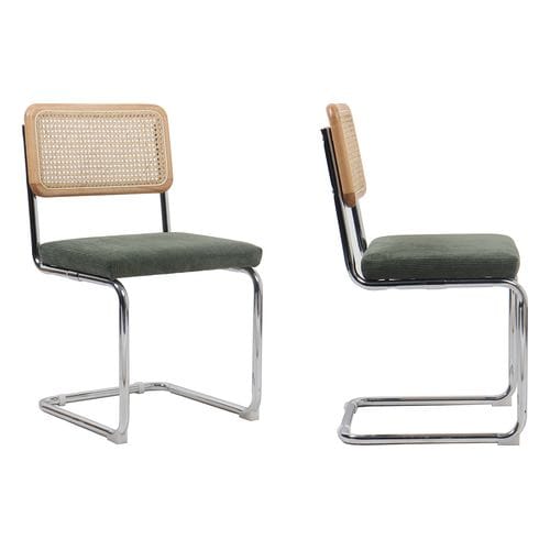 Lot de 2 chaises en cannage velours côtelé vert et métal chromé - Muse