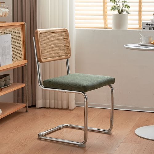 Lot de 2 chaises en rotin, velours côtelé vert et métal chromé - Muse