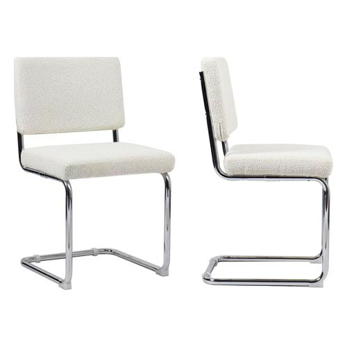 Lot de 2 chaises en tissu bouclé écru et métal chromé - Dulce