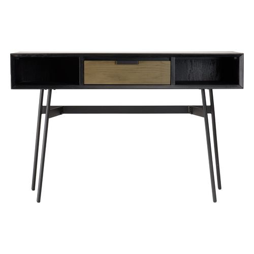 Console noire 130x35cm 2 niches 1 tiroir marron pieds métal noir - Alma