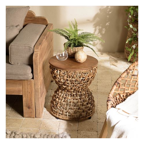 Tabouret beige assise en teck recyclé - Sixtine