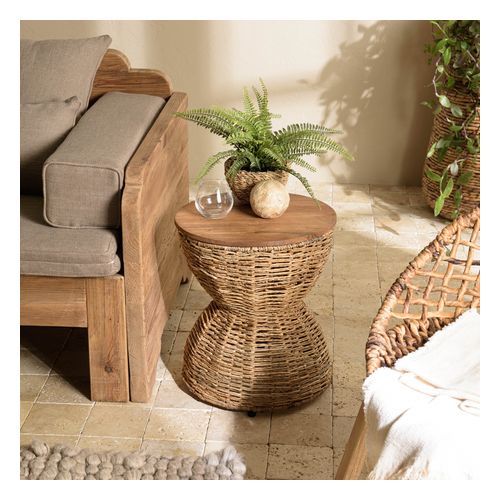 Tabouret beige assise en teck recyclé - Sixtine