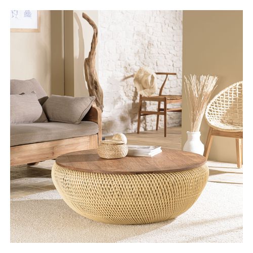 Table basse ronde 100x100cm en rotin beige plateau amovible - Sixtine