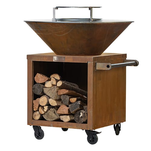 Brasero de jardin 65x65 à roulettes avec plaque XL diamètre 98 cm - acier Corten patiné - Brasero Fire
