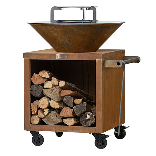 Brasero de jardin 65x65 à roulettes avec plaque diamètre 80 cm - acier Corten patiné - Brasero Fire