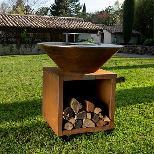 Brasero de jardin 65x65 à roulettes avec plaque diamètre 80 cm - acier Corten patiné - Brasero Fire