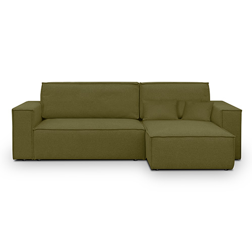 Canapé d'angle convertible réversible 4 places avec coffre de rangement en tissu vert olive - Livia New