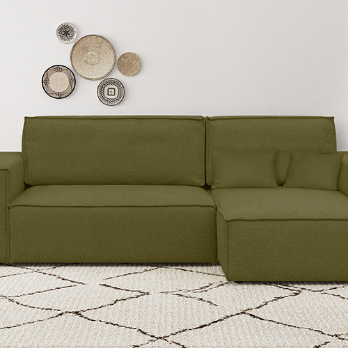 Canapé d'angle convertible réversible 4 places avec coffre de rangement en tissu vert olive - Livia New