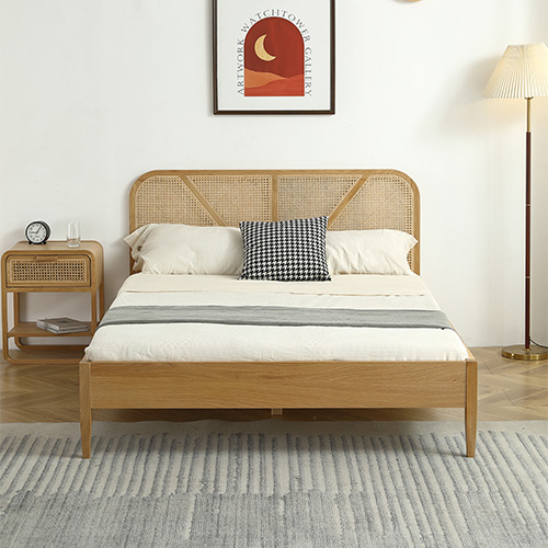 Lit adulte 140x190 cm en placage chêne avec tête de lit en bois massif et cannage naturel - Leonie