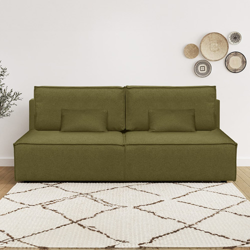 Canapé convertible 3 places avec coffre de rangement en tissu vert olive - Milla New