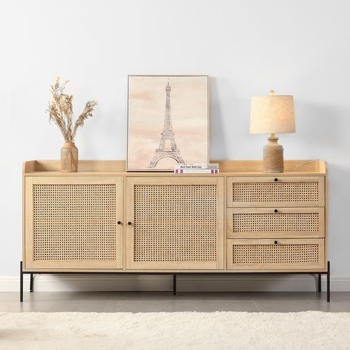 Buffet 2 portes 3 tiroirs en cannage naturel et effet chêne 180 cm - Iris