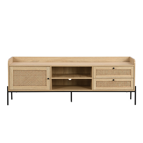 Meuble TV 1 porte 2 tiroirs en cannage naturel et effet chêne 160 cm - Iris