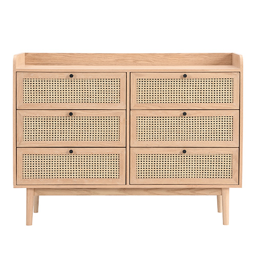 Commode 6 tiroirs en cannage naturel et placage chêne 120 cm - Eden