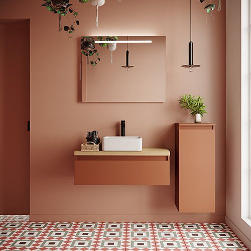 Meuble de salle de bain suspendu vasque à poser 90cm 1 tiroir Terracotta + miroir + colonne ouverture droite - Rivage