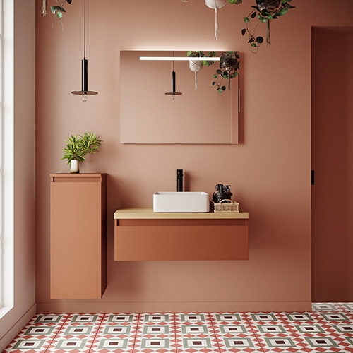 Meuble de salle de bain suspendu vasque à poser 90cm 1 tiroir Terracotta + miroir + colonne ouverture gauche - Rivage