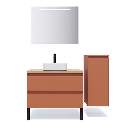 Meuble de salle de bain suspendu vasque à poser 90cm 2 tiroirs Terracotta + miroir + colonne ouverture droite - Rivage