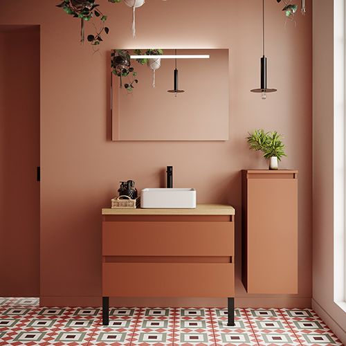 Meuble de salle de bain suspendu vasque à poser 90cm 2 tiroirs Terracotta + miroir + colonne ouverture droite - Hudson