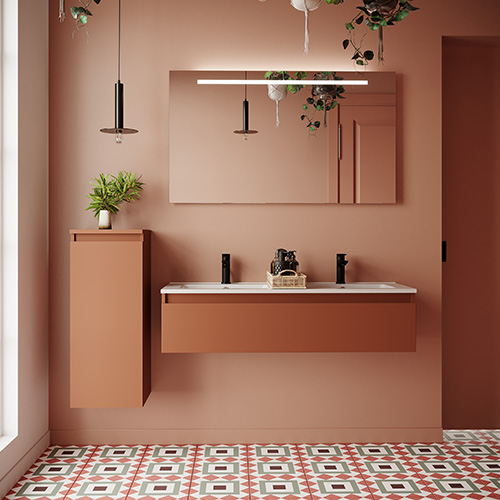 Meuble de salle de bain suspendu double vasque intégrée 120cm 1 tiroir Terracotta - Rivage