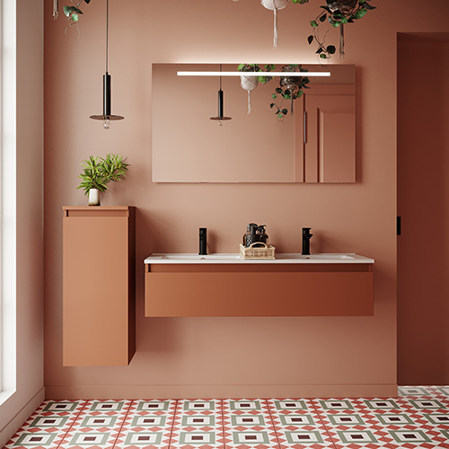 Meuble de salle de bain suspendu double vasque intégrée 120cm 1 tiroir Terracotta - Hudson