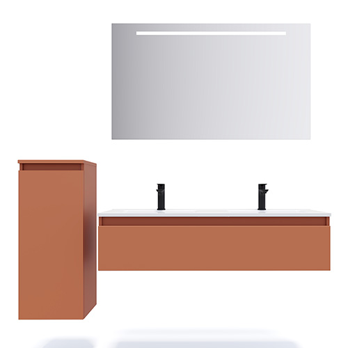 Meuble de salle de bain suspendu double vasque intégrée 120cm 1 tiroir Terracotta + miroir + colonne ouverture gauche - Rivage