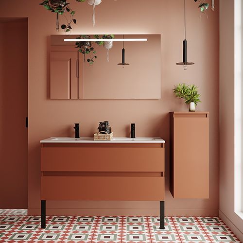 Meuble de salle de bain suspendu double vasque intégrée 120cm 2 tiroirs Terracotta + miroir + colonne ouverture droite - Rivage