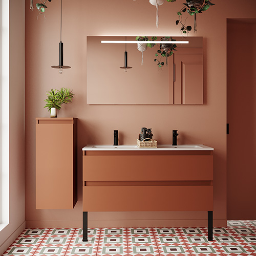 Meuble de salle de bain suspendu double vasque intégrée 120cm 2 tiroirs Terracotta + miroir + colonne ouverture gauche - Rivage
