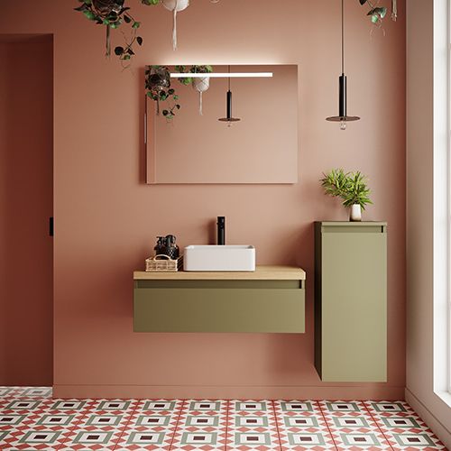 Meuble de salle de bain suspendu vasque à poser 90cm 1 tiroir Vert olive + miroir + colonne ouverture droite - Rivage