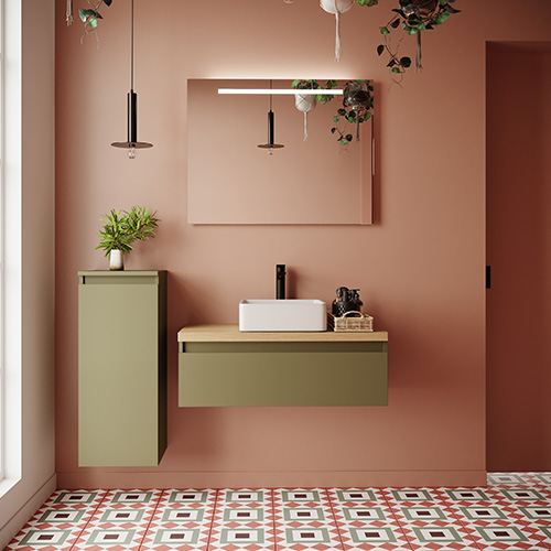 Meuble de salle de bain suspendu vasque à poser 90cm 1 tiroir Vert olive + miroir + colonne ouverture gauche - Rivage