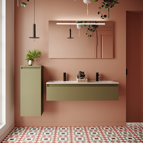 Meuble de salle de bain suspendu double vasque intégrée 120cm 1 tiroir Vert olive + miroir - Rivage