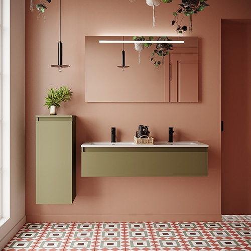 Meuble de salle de bain suspendu double vasque intégrée 120cm 1 tiroir Vert olive + miroir + colonne ouverture gauche - Rivage