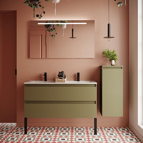 Meuble de salle de bain suspendu double vasque intégrée 120cm 2 tiroirs Vert olive + miroir + colonne ouverture droite - Rivage