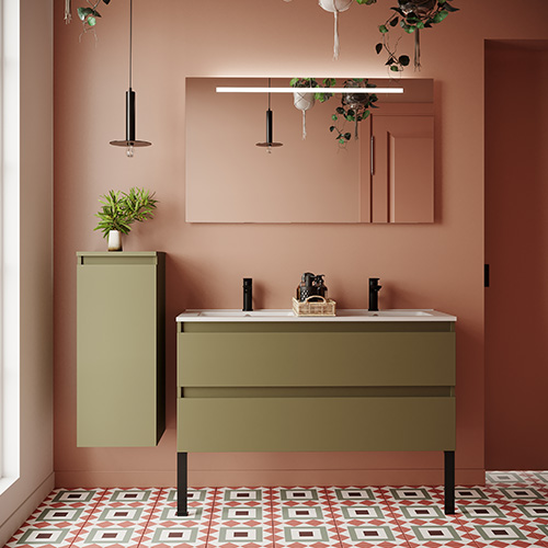 Meuble de salle de bain suspendu double vasque intégrée 120cm 2 tiroirs Vert olive + miroir + colonne ouverture gauche - Rivage