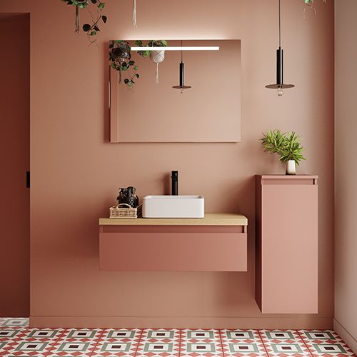 Meuble de salle de bain suspendu vasque à poser 90cm 1 tiroir Abricot + miroir + colonne ouverture droite - Rivage