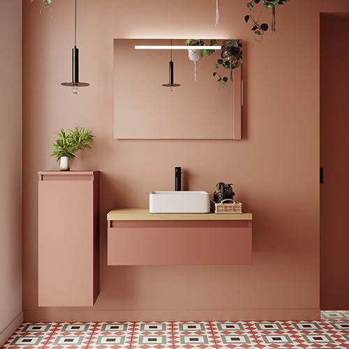 Meuble de salle de bain suspendu vasque à poser 90cm 1 tiroir Abricot + miroir + colonne ouverture gauche - Rivage