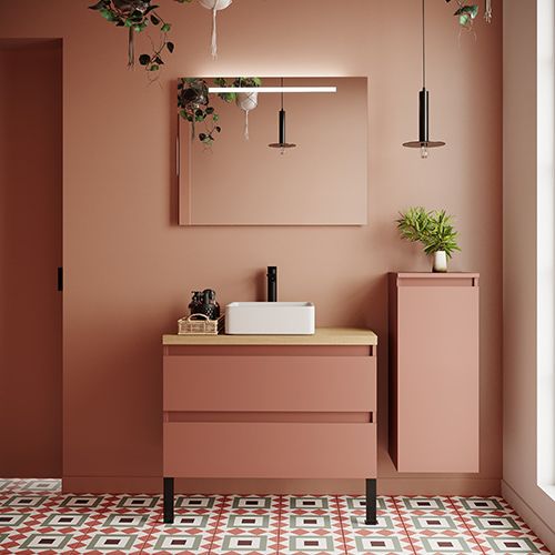 Meuble de salle de bain suspendu vasque à poser 90cm 2 tiroirs Abricot + miroir + colonne ouverture droite - Rivage