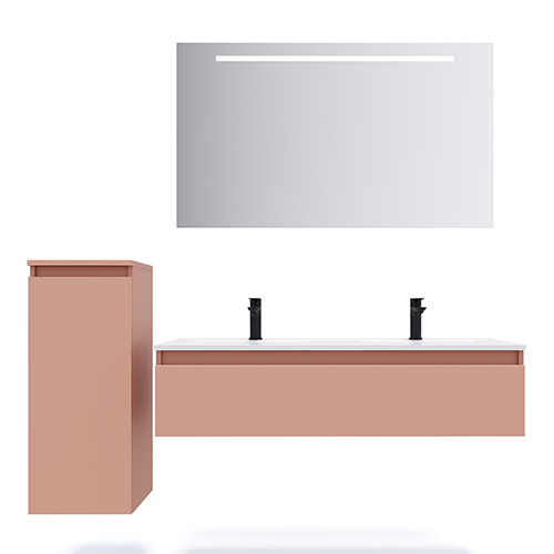 Meuble de salle de bain suspendu double vasque intégrée 120cm 1 tiroir Abricot + miroir + colonne ouverture gauche - Rivage