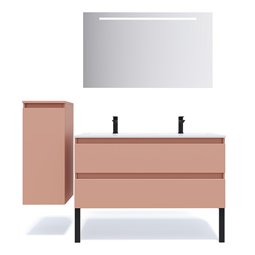 Meuble de salle de bain suspendu double vasque intégrée 120cm 2 tiroirs Abricot + miroir - Rivage