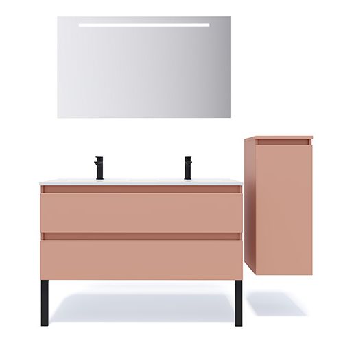 Meuble de salle de bain suspendu double vasque intégrée 120cm 2 tiroirs Abricot + miroir + colonne ouverture droite - Rivage