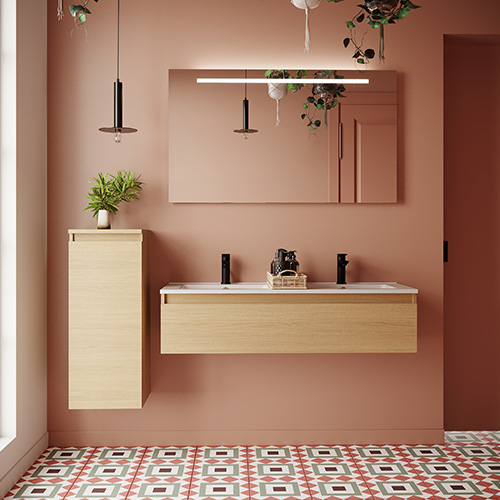Meuble de salle de bain suspendu double vasque intégrée 120cm 1 tiroir Chêne clair + miroir + colonne ouverture gauche - Rivage