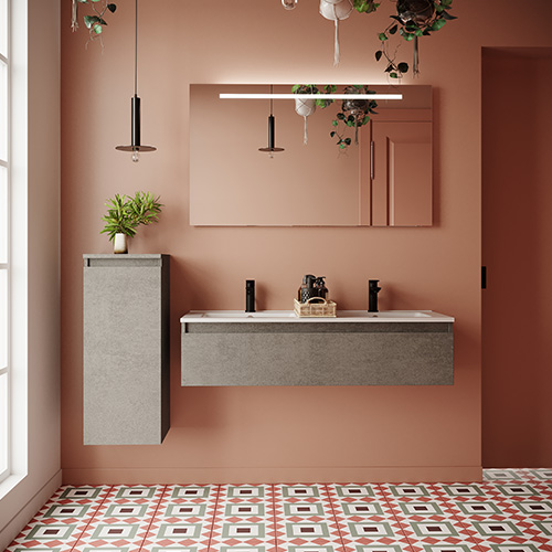 Meuble de salle de bain suspendu double vasque intégrée 120cm 1 tiroir façon Béton + miroir - Rivage