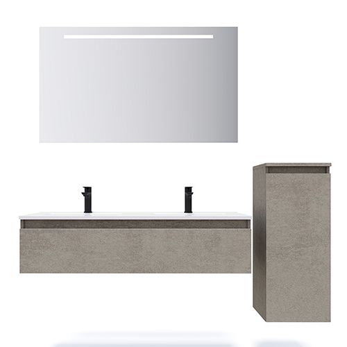 Meuble de salle de bain suspendu double vasque intégrée 120cm 1 tiroir façon Béton + miroir + colonne ouverture droite - Rivage
