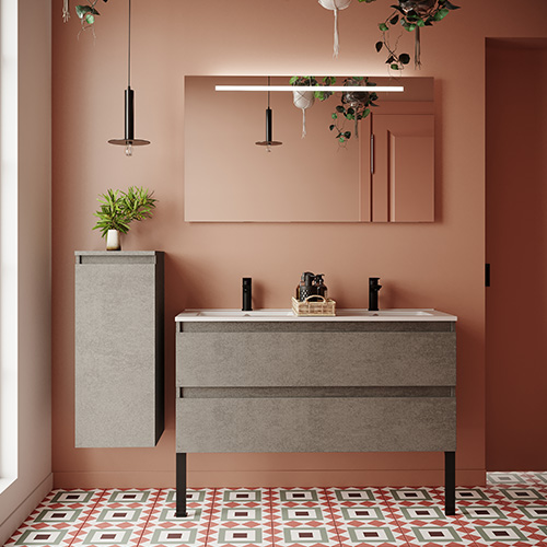 Meuble de salle de bain suspendu double vasque intégrée 120cm 2 tiroirs façon Béton + miroir - Rivage