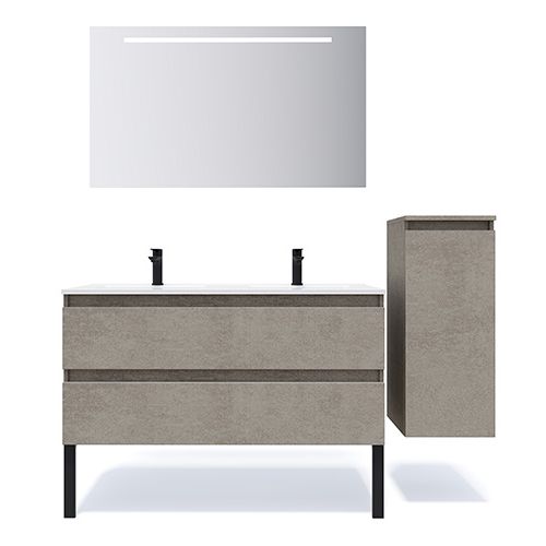 Meuble de salle de bain suspendu double vasque intégrée 120cm 2 tiroirs façon Béton + miroir + colonne ouverture droite - Rivage