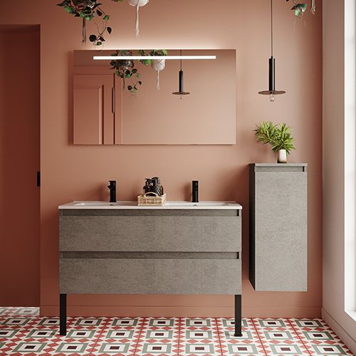 Meuble de salle de bain suspendu double vasque intégrée 120cm 2 tiroirs façon Béton + miroir + colonne ouverture droite - Rivage