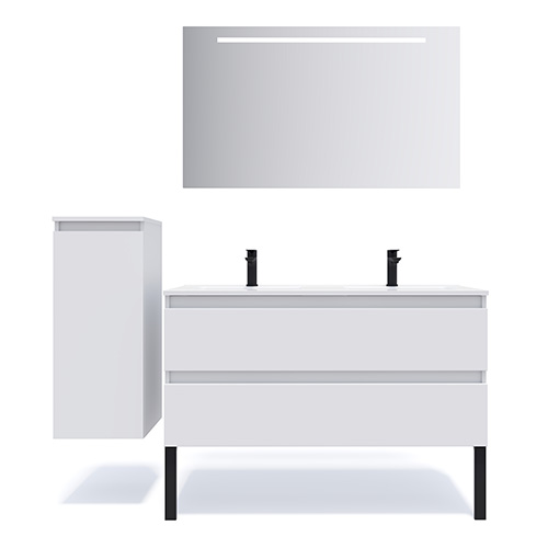 Meuble de salle de bain suspendu double vasque intégrée 120cm 2 tiroirs Blanc + miroir - Rivage